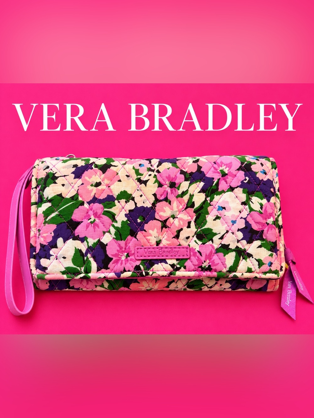 Vera Bradley Pink Floral Quilted Clutch Wallet Cottagecore Preppy